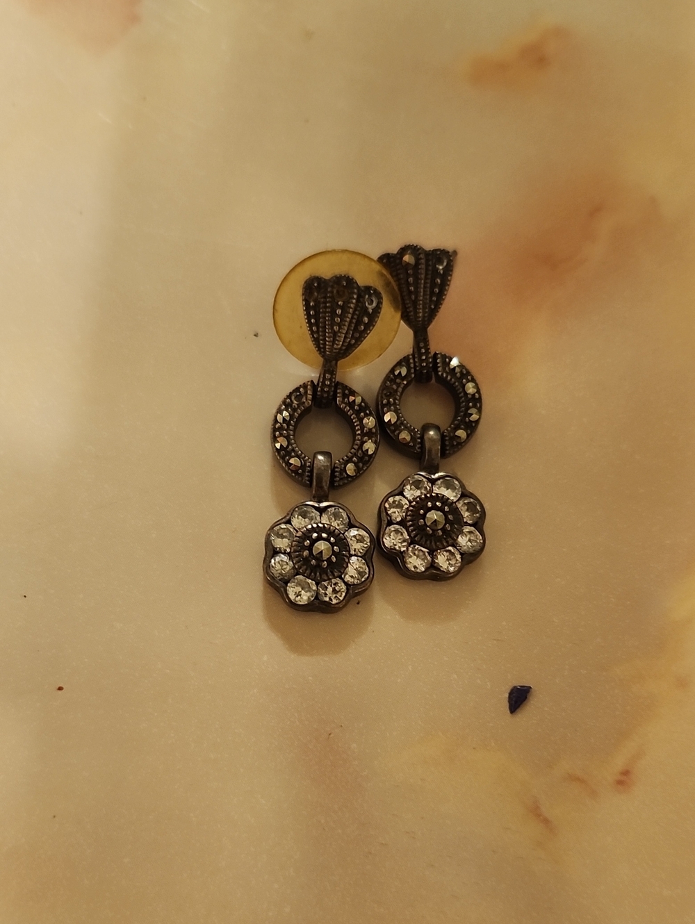 Vintage-Style Silver Flower Drop Earrings with Clear Crystals